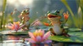 A frog playing a tet made out of a reed while his lily pad bandmates spontaneously breakdancing around him Royalty Free Stock Photo