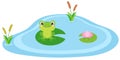 Frog in the pond vector illustration. Cute frog cartoon character design. Amphibian clip art sitting on a leaf in a pond or swamp.