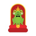 Frog prince. Cute cartoon style vector illustration with fairytale green frog character wearing crown and holding golden ball Royalty Free Stock Photo