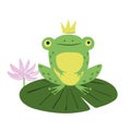 Frog prince on lily pad. Cartoon vector illustration of green frog with crown Royalty Free Stock Photo