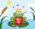 Frog Princess Cartoon Mascot Character With Crown And Arrow Holding A Heart With Text Kiss Me Perched On A Pond Lily Pad In Lake Royalty Free Stock Photo