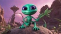 frog on the rocks A cartoon alien on a rocky planet with two moons and a purple sky. The alien has green skin, Royalty Free Stock Photo