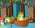 Frog rowing boat in the stream in the forest scene