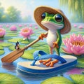 Frog Rowing a Flip-flop Sandal In Pond Water