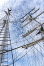 Frog`s view of the masts, rigging and ropes of a large sailing vessel Royalty Free Stock Photo