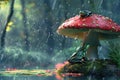 Frog sheltering under a mushroom in the rain