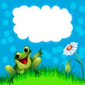 Frog sits in herb and flower and points to message Royalty Free Stock Photo