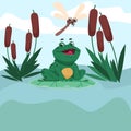 Frog sits on lake in reeds, dragonfly flying. Wild amphibian catching insects, croaking cute aquatic animal, amphibious Royalty Free Stock Photo