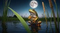 Serene Green Frog Posing Under the Full Moon\'s Glow Royalty Free Stock Photo