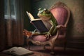 Frog sitting in an armchair reading a book, digital art, AI Generated