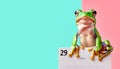 Frog sitting atop a calendar marked with February 29. Leap Day Calendar Date