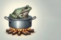 A frog sitting in a boiling pot over low heat. Royalty Free Stock Photo
