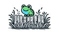 Frog Sitting on Fence in a Whimsical Garden Scene