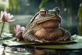 A frog sitting on a leaf floating on the surface of a calm pond Royalty Free Stock Photo