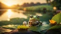 Green Tree Frog on Lotus Leaf at Sunset Royalty Free Stock Photo