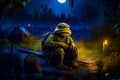 Frog sitting on log in the middle of forest. Generative AI