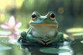 A frog is sitting in a pond with a pink flower in the background Royalty Free Stock Photo