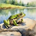 Frog sitting on rock on the banks of a lake on natural environment, watercolor illustration. Royalty Free Stock Photo