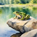 Frog sitting on rock on the banks of a lake on natural environment, watercolor illustration.