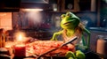 Frog sitting at table with pizza in front of him in kitchen. Generative AI Royalty Free Stock Photo