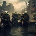 Frog soldiers in a flooded post-apocalyptic city