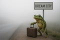 A frog with a suitcase at the Dream City sign. Space for text. Royalty Free Stock Photo