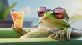 A green frog in sunglasses with a cocktail