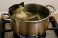 A frog in sunglasses sits relaxed in a pot of boiling water. Royalty Free Stock Photo