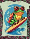 Frog on the surfboard. Illustration for tshirt design Royalty Free Stock Photo
