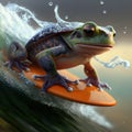 Frog surfing a wave on a surfboard, closeup. Royalty Free Stock Photo