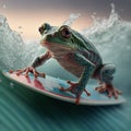 Frog surfing a wave on a surfboard Royalty Free Stock Photo