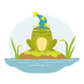 A frog in a swamp in a wizard`s hat. Toad Merlin. Cute flat hand drawn character. Illustration for fairytales book. Vector