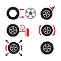Set of vector illustrations, icons of tyre repair work. Tyre repair shop. Royalty Free Stock Photo