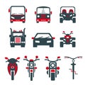 A set of vector illustrations, icons and logos of cars, trucks and buses, motorcycles, bicycles and ATVs.