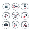 A set of vector icons and logos with car parts, engines and other special equipment. Car service. Auto parts store. Royalty Free Stock Photo