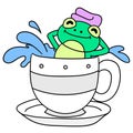 The frog is taking a warm bath in a cup, doodle icon image kawaii