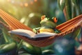 a frog tourist relaxing in hammock on vacation at a tropical resort, funny holiday concept, AI generative