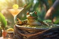 a frog tourist relaxing in spa vacation at a tropical resort, funny holiday concept, AI generative