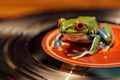 Frog on a vintage record player, closeup, vibrant colors, whimsical, bygone era , studio lighting Royalty Free Stock Photo