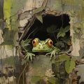 Frog on the wall. Frog peeking out. Royalty Free Stock Photo