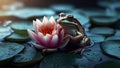 Frog is a water lily, AI generated illustration, realistic