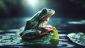 Frog on water plant, AI generated illustration, realistic