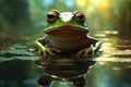 a frog in the water in a swamp.