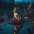 A frog wearing a crown sitting on a rock. Generative AI image. Royalty Free Stock Photo