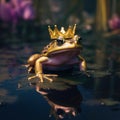 A frog wearing a crown sitting on top of a pond. Generative AI image. Royalty Free Stock Photo