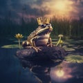 A frog wearing a crown sitting on top of a rock. Generative AI image. Royalty Free Stock Photo