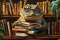A frog wearing glasses is sitting on a shelf with a stack of books Royalty Free Stock Photo