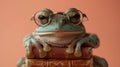 A frog wearing glasses sitting on top of a stack of books, AI Royalty Free Stock Photo