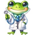 frog wearing a lab coat and listening with a stethoscope watercolor clipart. AI Generated