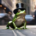 A frog wearing a top hat and tails, hopping along a city sidewalk3 Royalty Free Stock Photo